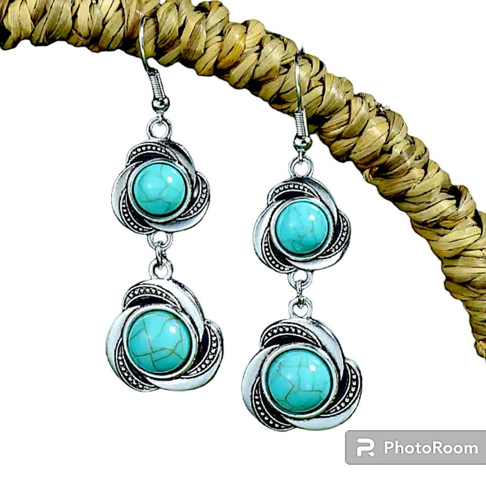 Vintage Boho Drop Dangle Earrings Carved Silver With Turquoise Colored stone
